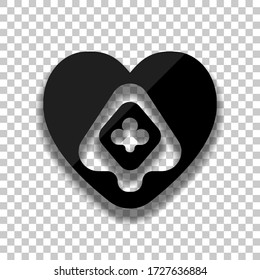 Playing cards, logo. Hearts, spades, diamonds, clubs. Black glass icon with soft shadow on transparent background