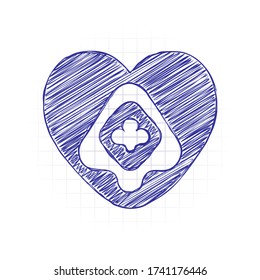 Playing cards, logo. Hearts, spades, diamonds, clubs. Hand drawn sketched picture with scribble fill. Blue ink. Doodle on white background