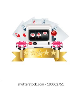 playing cards with machine, chips and golden ribbon 