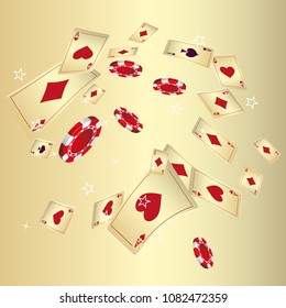 Playing Cards and money Falling on Gold Background. Vector illustration in vintage style.
