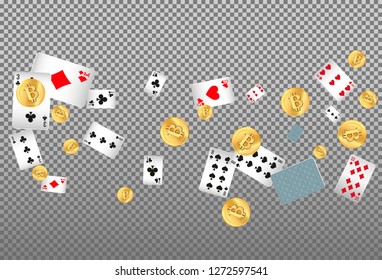 Playing Cards and Money falling on transparent background. Vector illustration