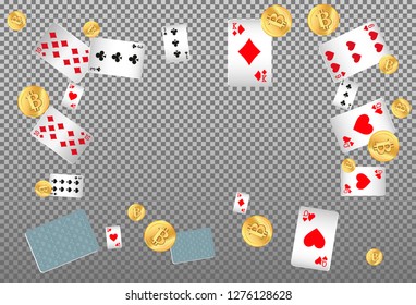 Playing Cards and Money falling on transparent background. Vector illustration