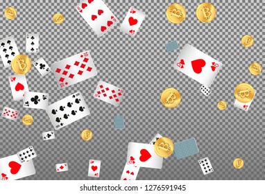 Playing Cards and Money falling on transparent background. Vector illustration