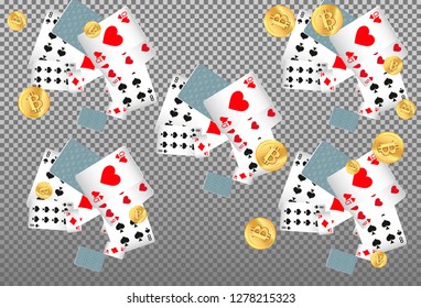 Playing Cards and Money falling on transparent background. Vector illustration
