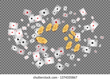 Playing Cards and Money falling on transparent background. Vector illustration