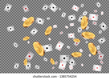Playing Cards and Money falling on transparent background. Vector illustration