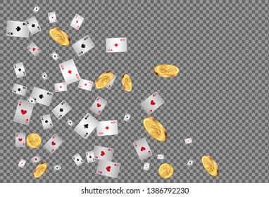 Playing Cards and Money falling on transparent background. Vector illustration