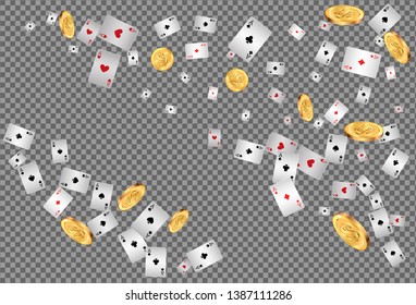 Playing Cards and Money falling on transparent background. Vector illustration