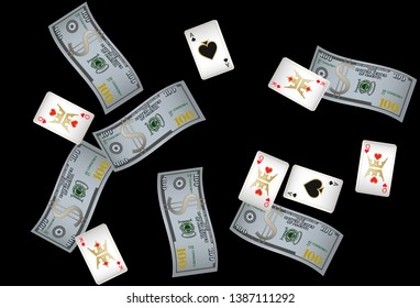 Playing Cards and Money falling on transparent background. Vector illustration