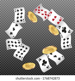 Playing Cards and Money falling on transparent background. Vector illustration. Pattern for ads of parties, events in Vegas.