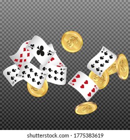 Playing Cards and Money falling on transparent background. Vector illustration. Pattern for ads of parties, events in Vegas.