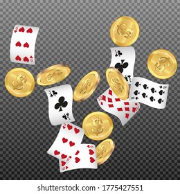 Playing Cards and Money falling on transparent background. Vector illustration. Pattern for ads of parties, events in Vegas.