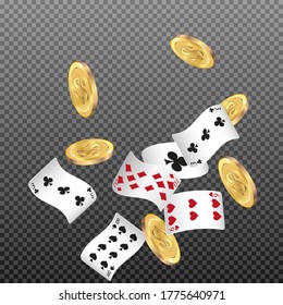 Cartas de reproducción y dinero cayendo sobre fondo transparente. Ilustración vectorial. Patrón para anuncios de fiestas, eventos en Las Vegas.