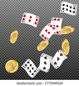 Playing Cards and Money falling on transparent background. Vector illustration. Pattern for ads of parties, events in Vegas.