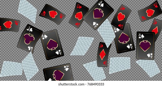Playing cards and Money Falling on transparent background. Vector illustration.