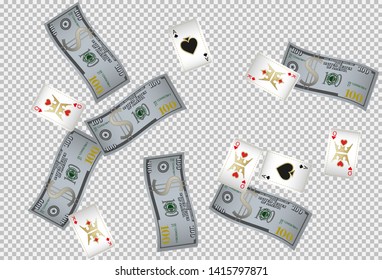 Playing cards and Money falling. Pattern for ads of parties, events in Vegas. Vector illustration in vintage style.