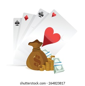 playing cards and money illustration design over white background