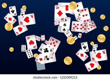 Playing Cards and Money on Black Background. Vector illustration