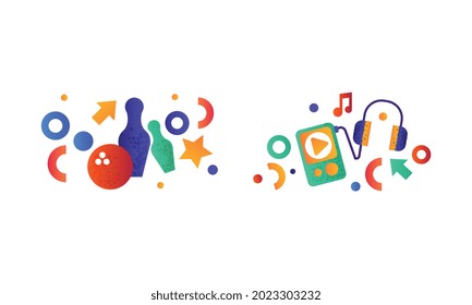 playing cards, music entertainment performance equipment, arcade game machine, movie clapperboard, bowling pins and ball vector Illustration isolated on a white background.