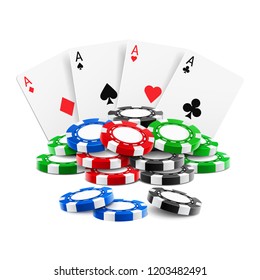 Playing cards near stack of casino 3d chips or aces of spades, diamond, hearts and clubs near realistic gambling tokens for sport poker, blackjack. Gamble and game, online casino theme