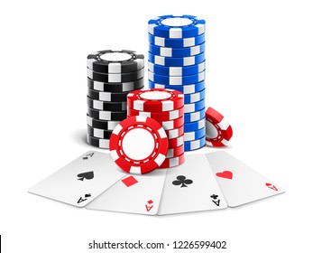 Playing cards near stack of casino 3d chips or aces of spades, diamond, hearts and clubs near realistic gambling tokens for sport poker, blackjack. Gamble and game, online casino theme