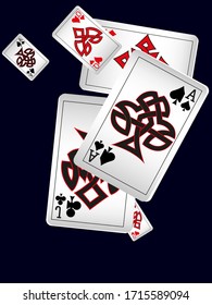Jugando cartas sobre fondo negro. Ilustración vectorial en estilo celta.