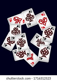 Jugando cartas sobre fondo negro. Ilustración vectorial en estilo celta.