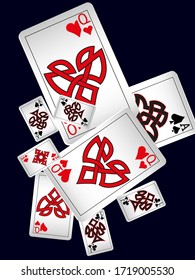 Playing Cards on black background. Vector illustration in celtic style.