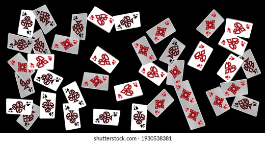 Playing Cards on black background. Pattern for ads of parties, events in Vegas. Vector illustration. Vector illustration in celtic style.