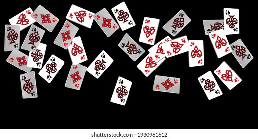 Playing Cards on black background. Pattern for ads of parties, events in Vegas. Vector illustration. Vector illustration in celtic style.