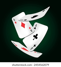 Playing cards on the green cloth: four aces - diamonds, hearts, cross and spades. Casino and poker game.