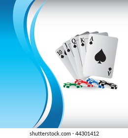playing cards on vertical blue wave background