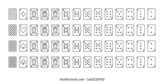 Playing Cards outline icons set - vector collection of linear Poker Card symbols. Full deck