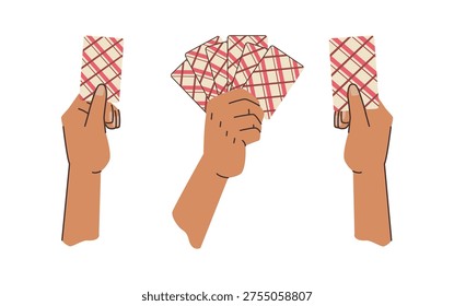 Playing cards in people hands, isolated arms with unrevealed suits. Vector poker or blackjack game. Gambling in casino, lucky entertainment. Having fun, hobbies and leisure, improvement of skills