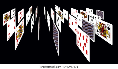 Playing cards in perspective isolated on black background. Original design in three dimensional style. Vector illustration