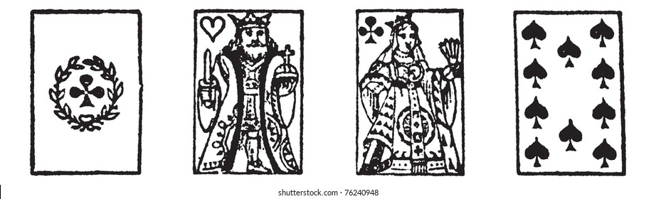 Playing cards or playcards vintage engraving. Old engraved illustration of four different playing cards.