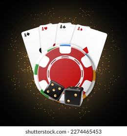 Jugar cartas con chip de póquer y dos dados en un fondo brillante. Vector EPS10