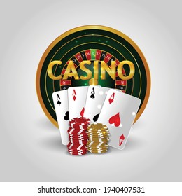 Playing cards and poker chips of casino. Casino slot on white background. Casino vector illustration red , blue and yellow chips.