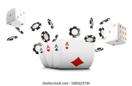 Playing cards, poker chips and dice fly casino on white background. Poker casino vector illustration. Online casino game gambling table 3d vector concept.