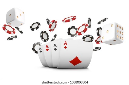 Playing cards, poker chips and dice fly casino on white background. Poker casino vector illustration. Online casino game gambling 3d vector concept, poker mobile app icon.