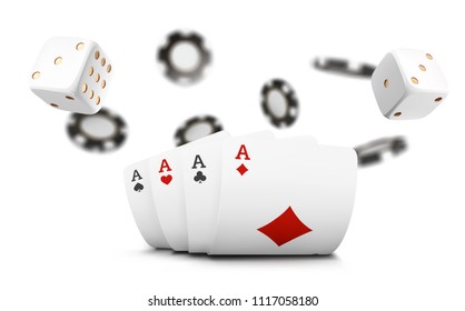 Playing cards, poker chips and dice fly casino on white background. Poker casino vector illustration. Online casino game gambling 3d vector concept, poker mobile app icon.