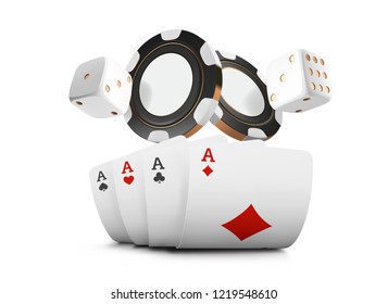 Playing cards, poker chips and dice fly casino on white background. Poker casino vector illustration. Online casino game gambling table 3d vector concept