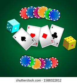 Playing cards and poker chips, dices. Poker casino vector illustration.