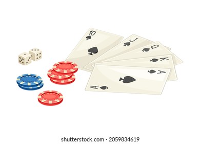 Playing cards with poker chips and dices flat vector illustration on white background