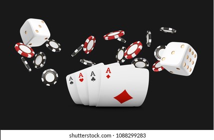 Playing cards and poker chips fly casino. Concept on black background. Poker casino vector illustration. Red and black realistic chip in the air. Gambling concept, poker mobile app icon.