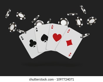 Playing cards and poker chips fly casino. Concept on black background. Poker casino vector illustration.