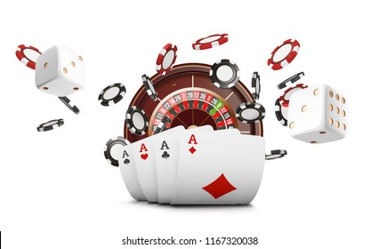 Playing cards and poker chips fly casino. Concept on white background. Poker casino vector illustration. Red and black realistic chip in the air. Gambling concept, poker mobile app icon