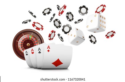 Playing cards and poker chips fly casino. Casino roulette concept on white background. Poker casino vector illustration. Red and black realistic chip in the air. Gambling poker mobile app icon