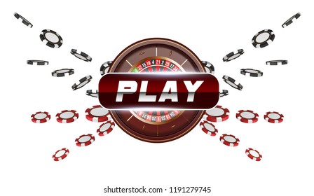 Playing cards and poker chips fly casino play button. Concept on white background. Poker casino vector illustration. Red and black realistic chip in the air. Gambling concept, poker mobile app icon