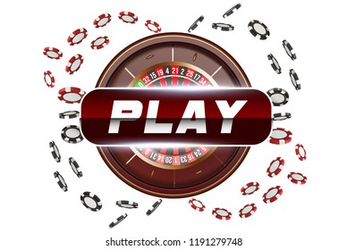 Playing cards and poker chips fly casino play button. Concept on white background. Poker casino vector illustration. Red and black realistic chip in the air. Gambling concept, poker mobile app icon